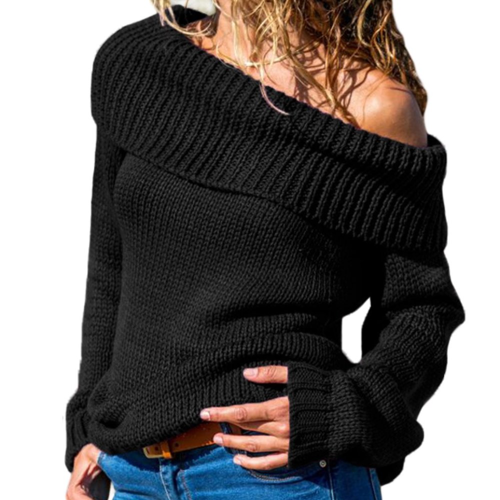 New Black Turn-Down Off-the-Shoulder Sweater